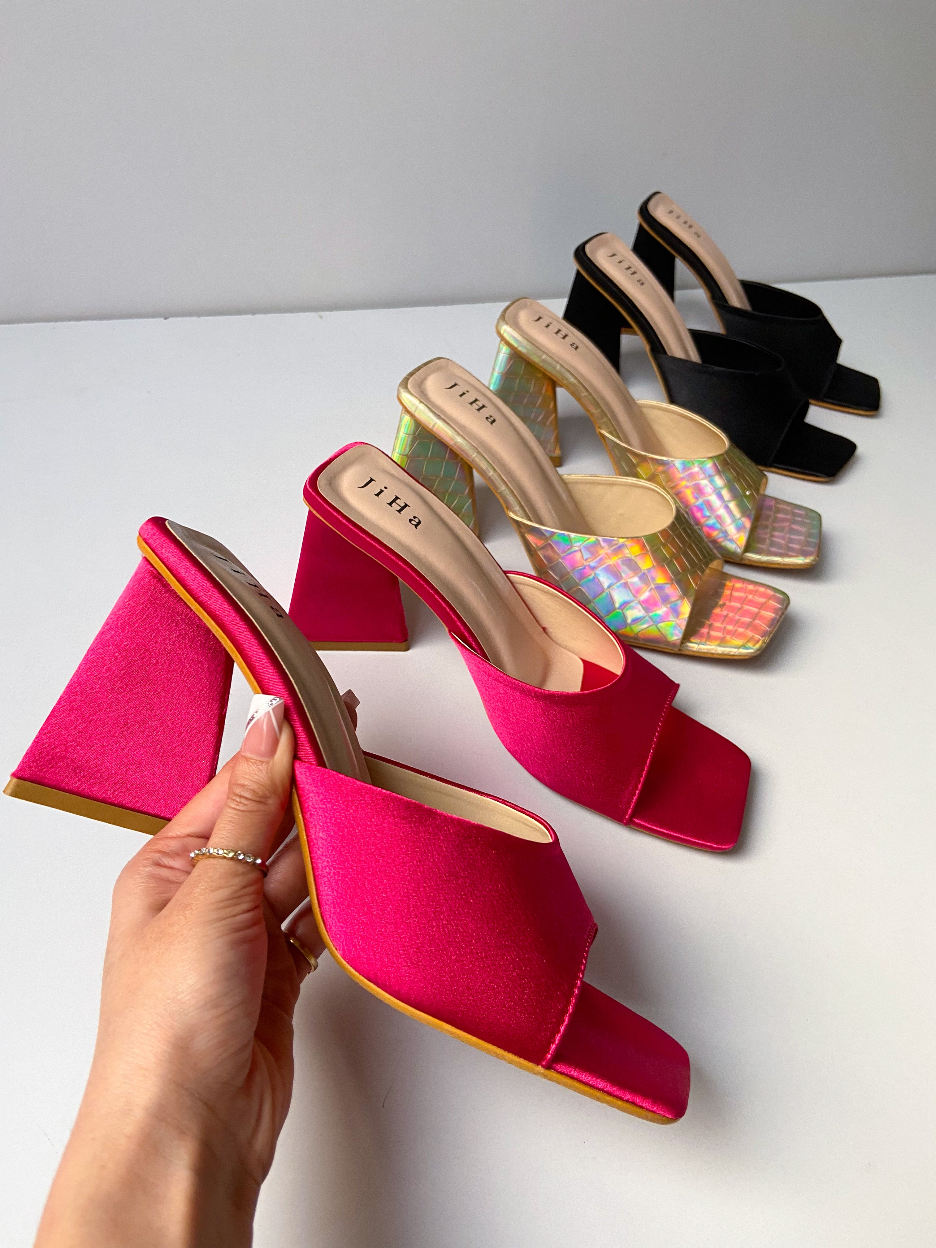 Hot Pink Satin Trending Triangle Mule Heels