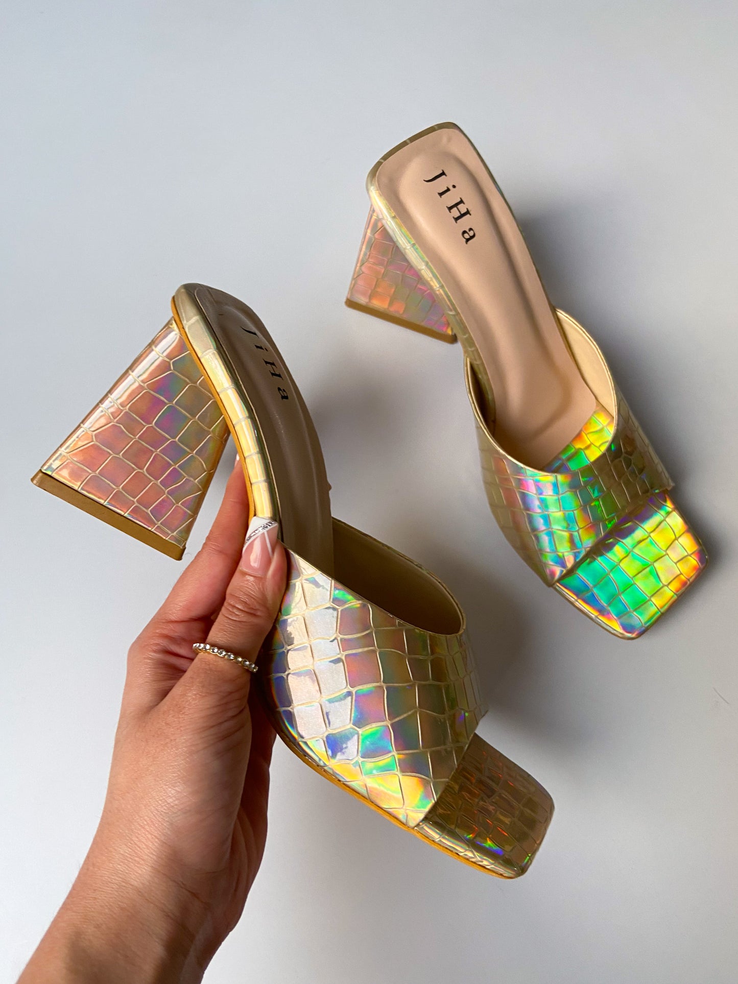 Gold Holographic Trending Triangle Mule Heels