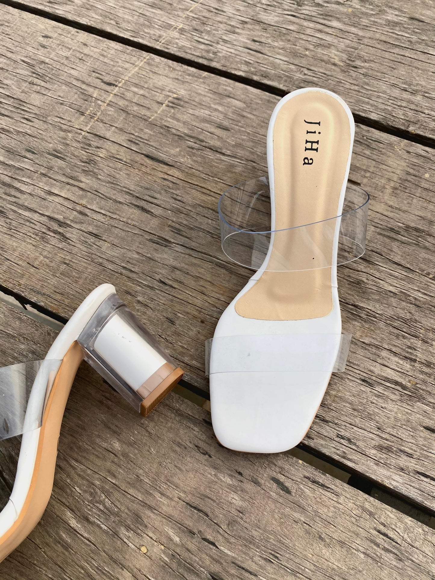 White Transparent Strap Heel Mules Sandals