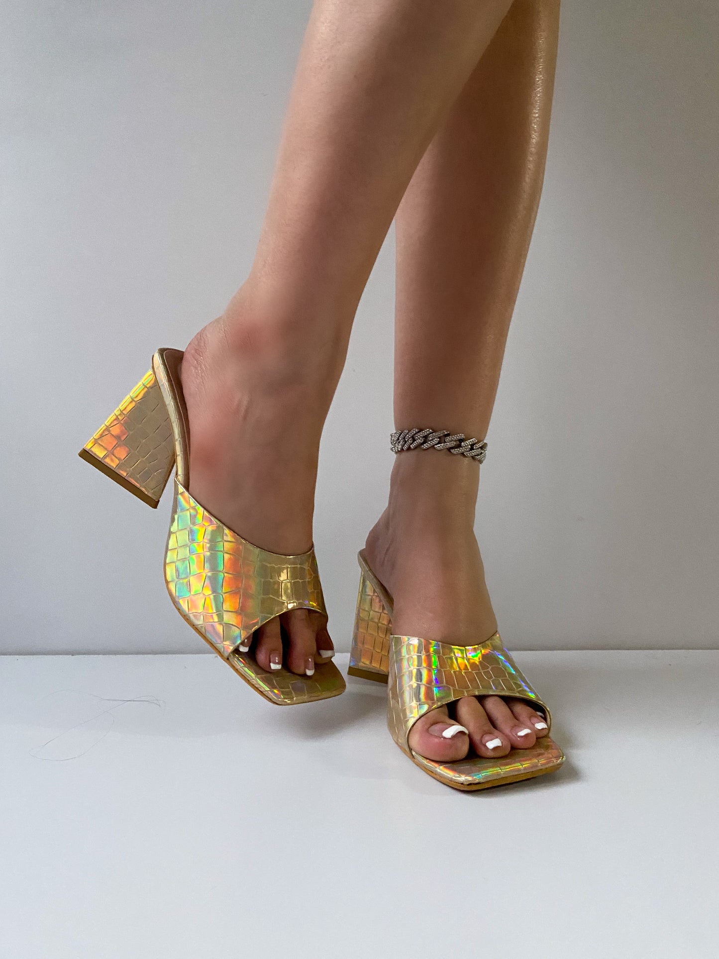 Gold Holographic Trending Triangle Mule Heels