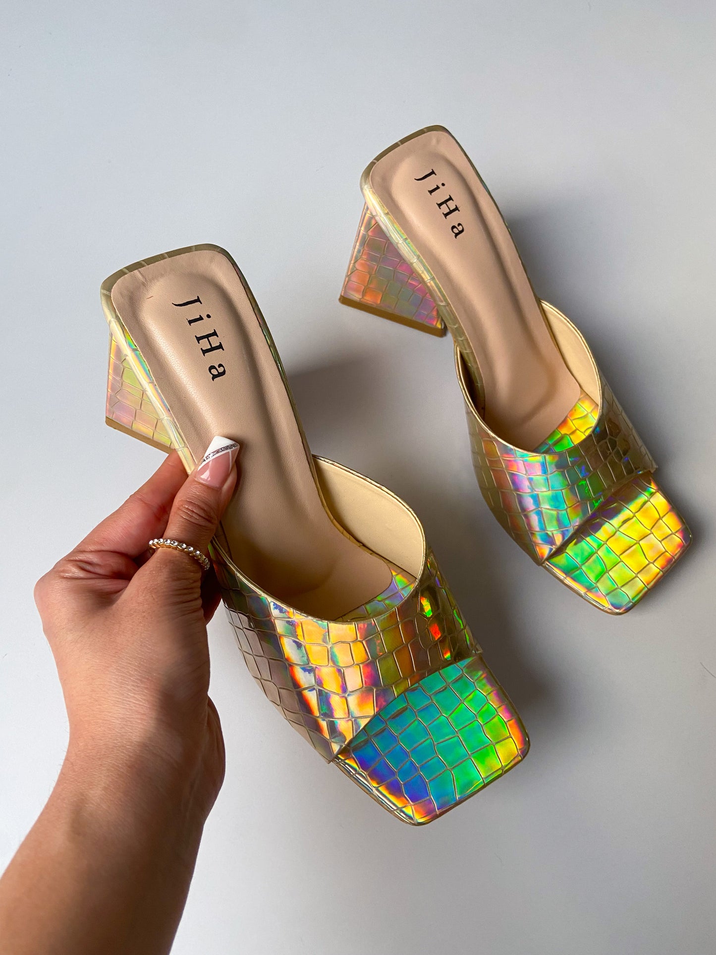 Gold Holographic Trending Triangle Mule Heels