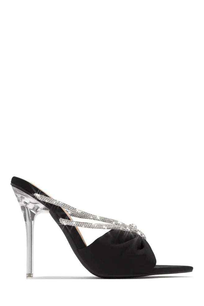 Black Satin Cindy Rhinestone Heels